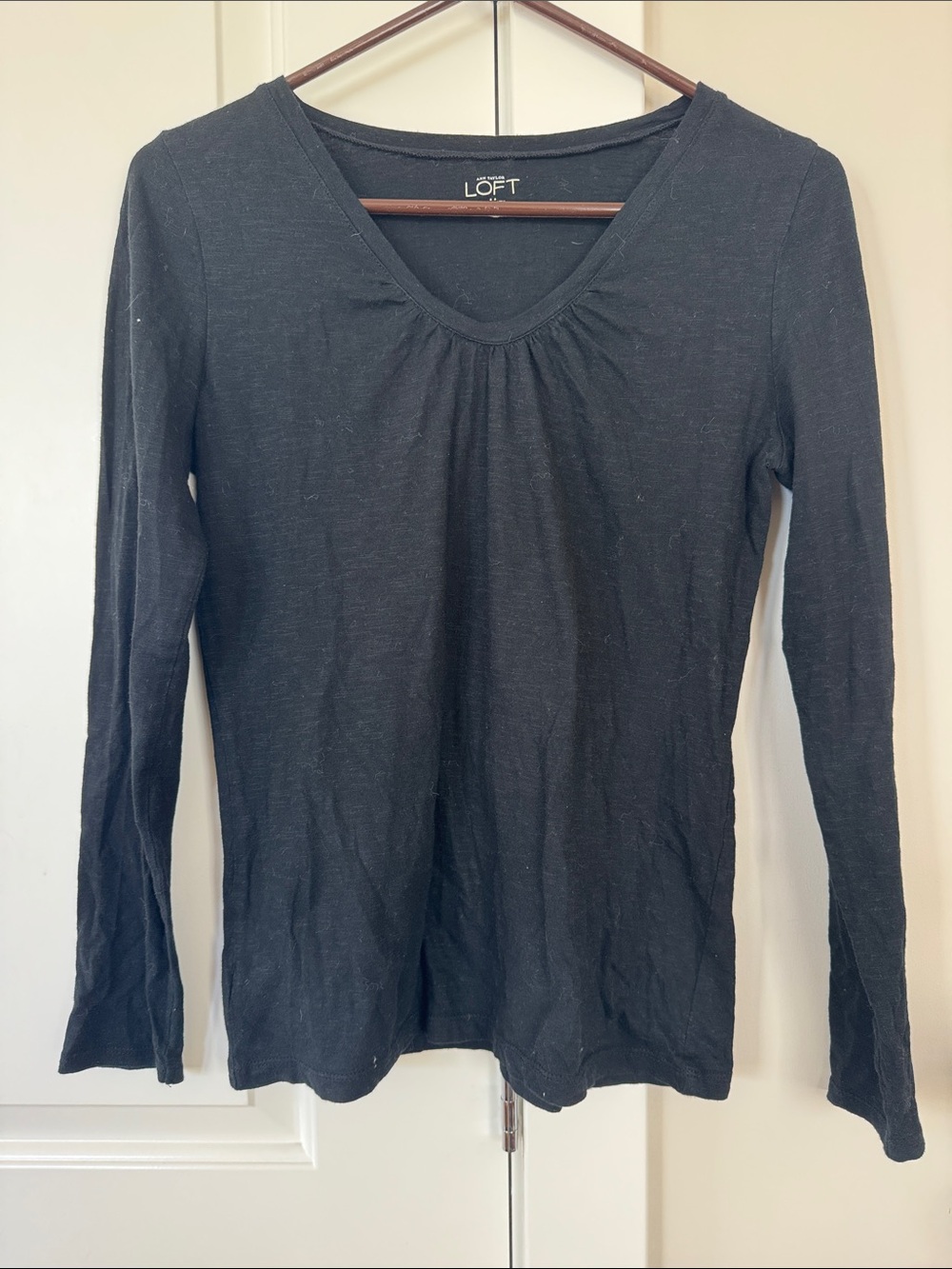 LOFT Black Long Sleeve Top with Gentle Gather